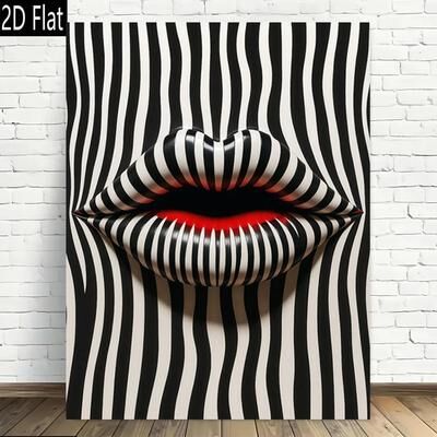 Uplift Essentials Abstract Striped Lip Art Print Modern Retro Frameless Canvas For Bold Interior Wall Decor 11.8 X 15.7 In (30x40cm)