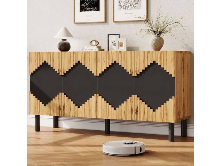 Buffet salon - WESTYLE - 140x40x70cm - Portes 3D push-pull - Décor bois & noir - 5 pieds métal