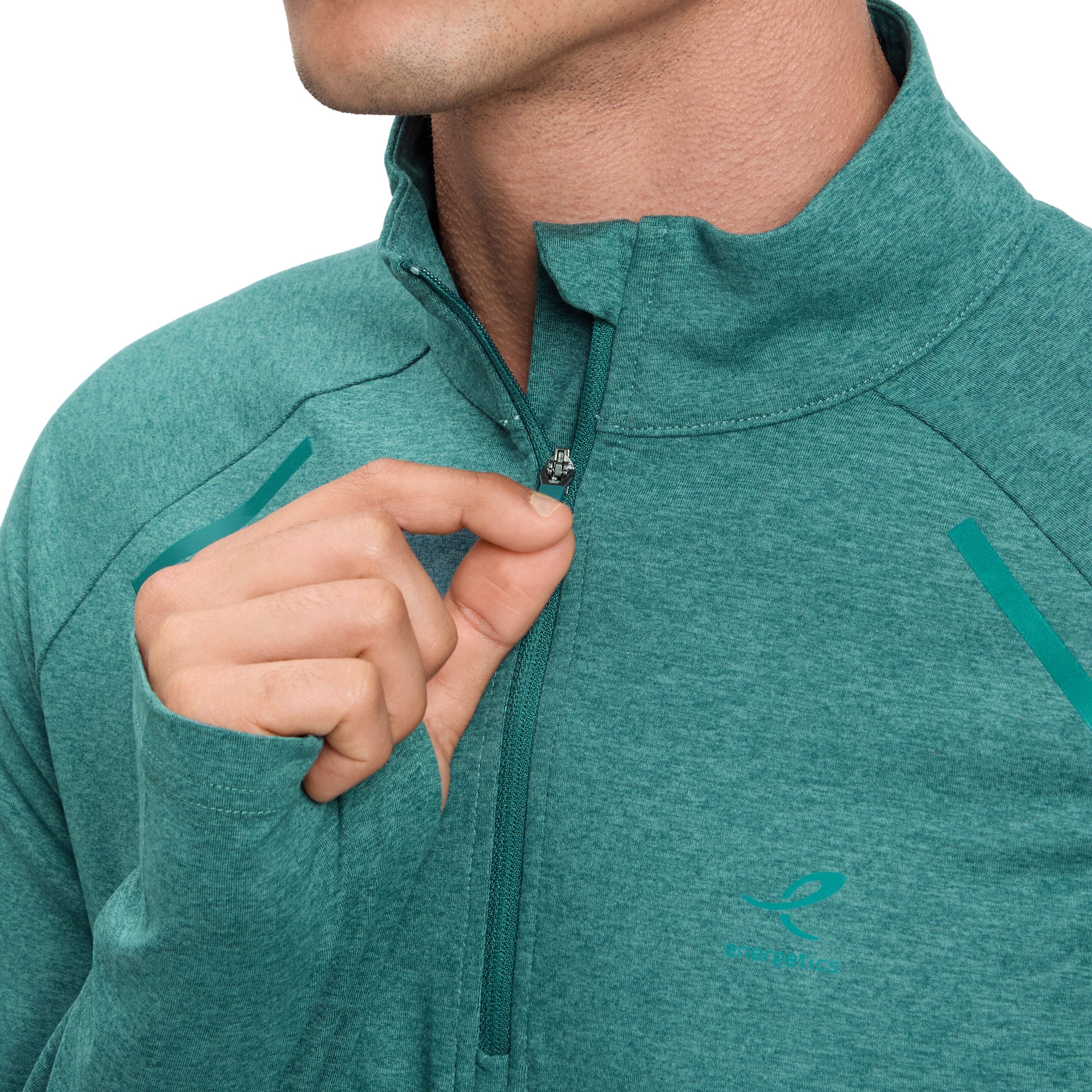 Rollkragenshirt ENERGETICS "HE.-LANGARMSHIRT CUSCO IV M", Herren, Gr. M, grün (melange, blau petrol,), Obermaterial: 88% Polyester, 12% Elasthan, Shirts Rollkragenshirt, mit Half Zip, Langarm-Ausführung melange, blau petrol, M