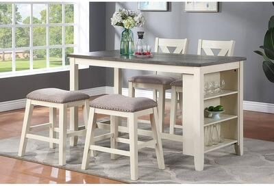 GREATPLANINC 5 Piece Counter Height Dining Table Set, Wooden Kitchen Breakfast Table Set with Storage Shelves, 2 High Chairs & 2 Stools