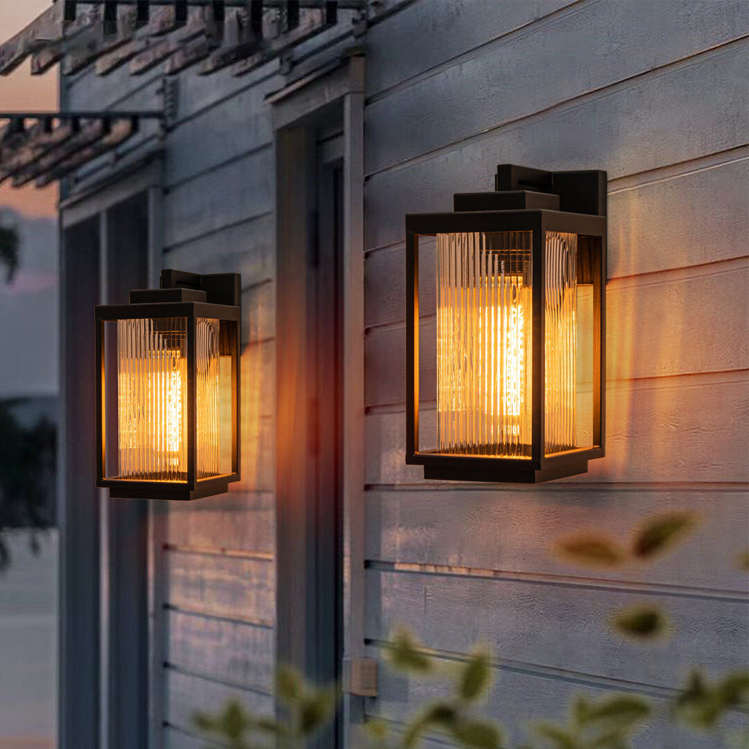 17 Stories IP23 1-Light Square Outdoor Indoor Lantern Wall Sconce With Clear Striped Glass(2 Pack) Matte Black 32cm H X 15cm W X 18.5cm D