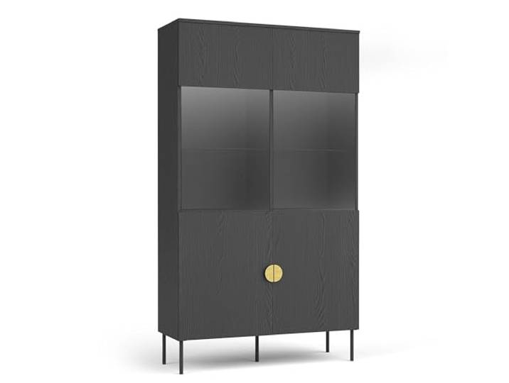 AX Living Vitrine für Wohnzimmer Brunelli 106,6 cm Schwarz Holzoptik Glas 2 Glastüren mit Sicherheitsglas. Pflegeleichte Materialien & einfache Montage. ABS-Kanten. Schwarze Metallfüße.
