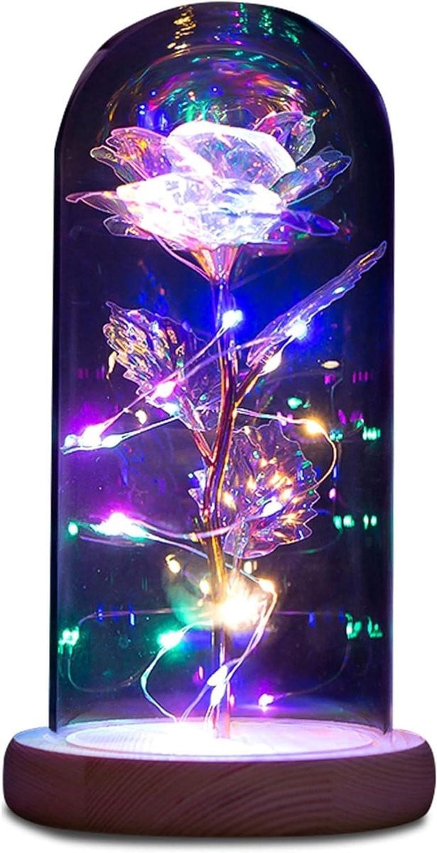 Betoverde Roos Kunstbloem Decoratie met LED Verlichting in Glazen Koepel - Multicolor