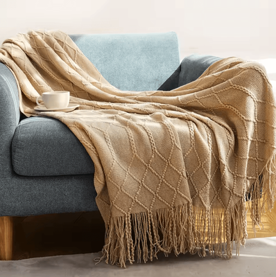Inspire Curations Cream White Textured Knitted Throw Blanket With Tassels cl Khaki 127x172cm