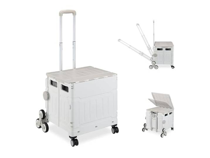 Relaxdays boodschappentrolley traploper, opvouwbaar, krat op wielen, deksel, met handgreep, tot 50 kg, grijs/wit