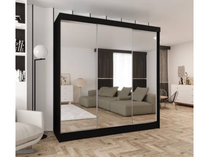 Kleiderschrank mit Spiegel und Schiebetüren Schwarz 160x205 cm 2 Kleiderstangen, 2 Schubladen, MDF Platte, Inklusive Montageset, Mit Einlegeböden, Viel Stauraum, Praktische Aufteilung