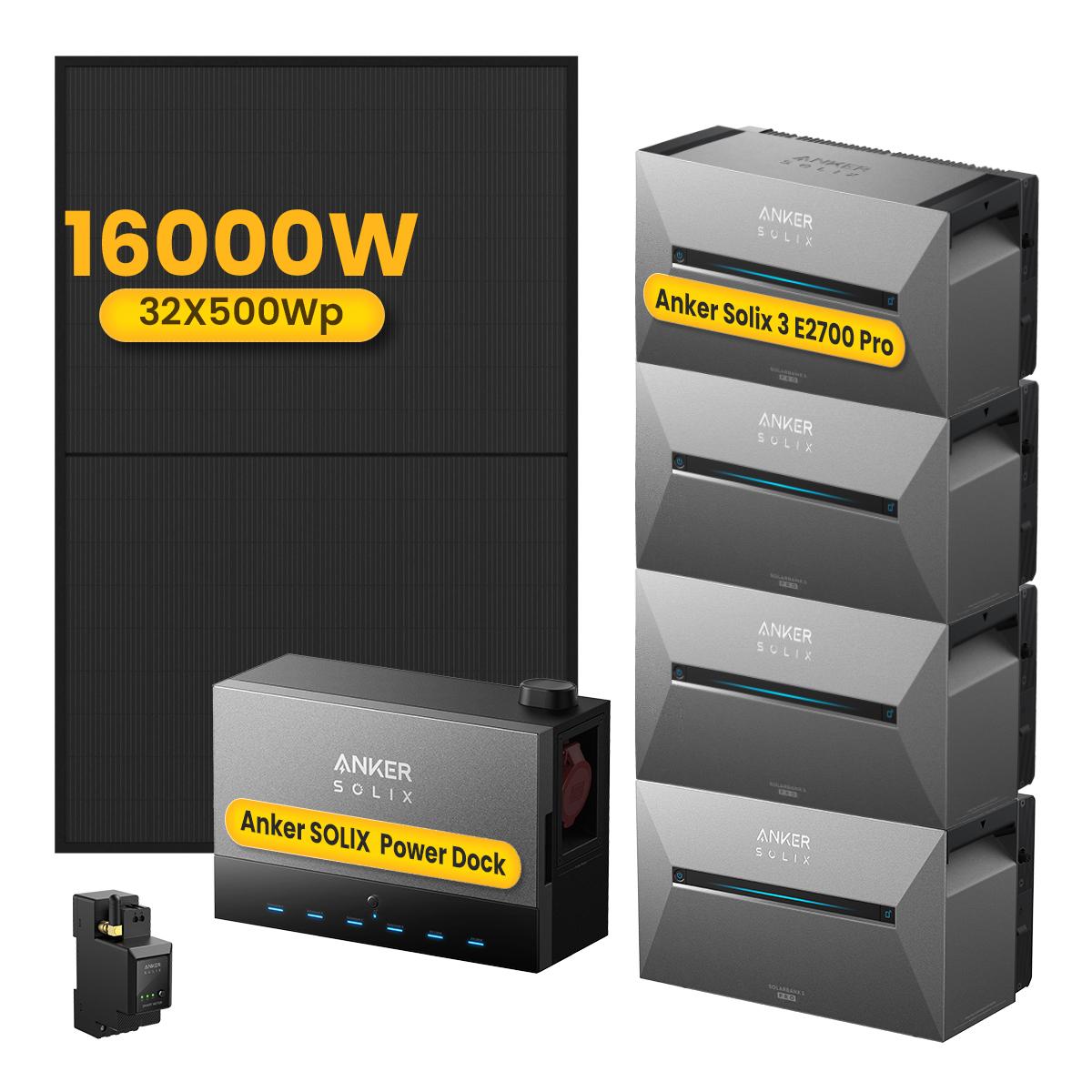 Anker SOLIX Power Dock Multisystem mit 4x Anker Solarbank 3 E2700 Pro & 32x 500W Solarmodule - 16 kWp Solarleistung, inkl. Anker Smart Meter 0% VAT