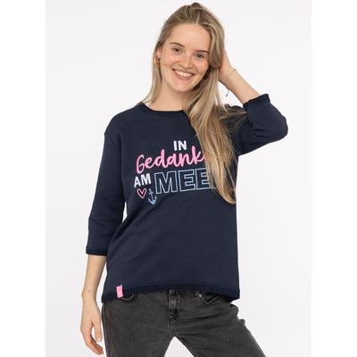 3/4-Arm-Shirt ZWILLINGSHERZ "Meer Gedanken", Damen, Gr. L/XL, blau (marine), angeraute Sweatware, Obermaterial: 50% Baumwolle, 50% Polyester, Shirts 3/4-Arm-Shirt, 3/4 Arm, mit Martimer Botschaft, ausgefransten Kanten