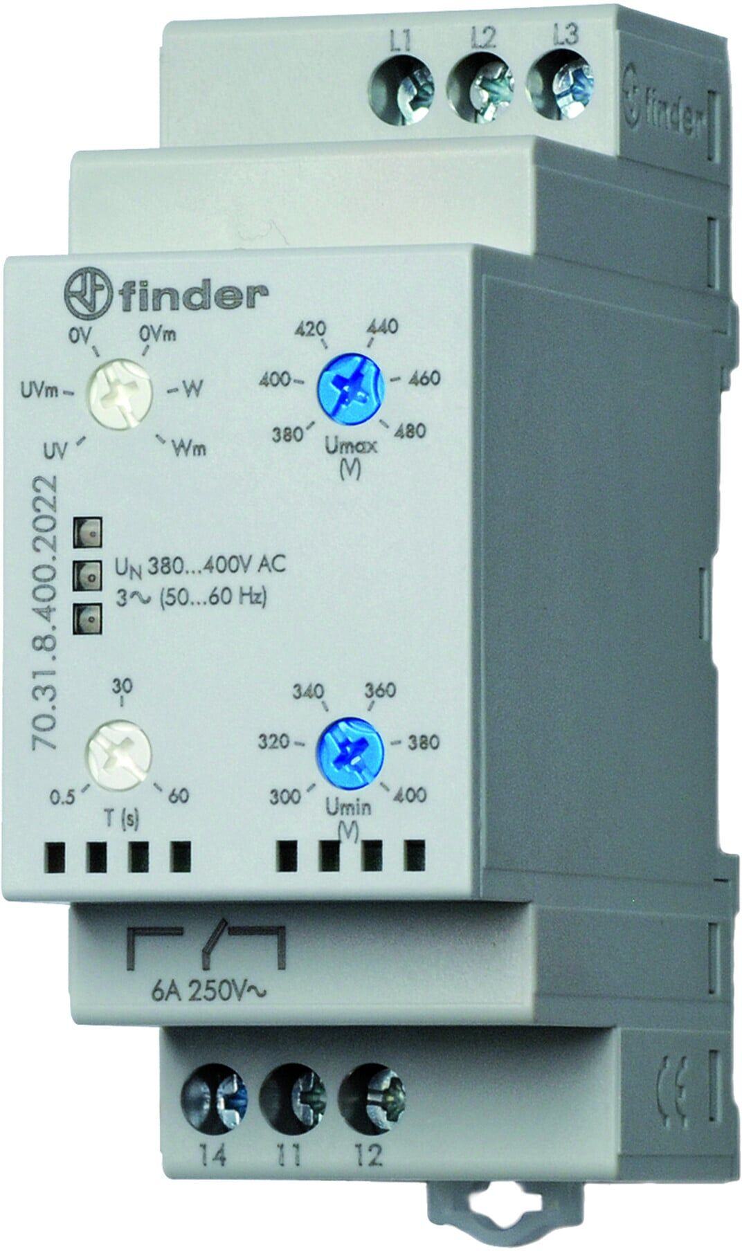Finder 3-Phasenüberwachungsrelais für Spannung und Asymmetrie, 380-415 V AC, 70.31.8.400.2022 (703184002022)
