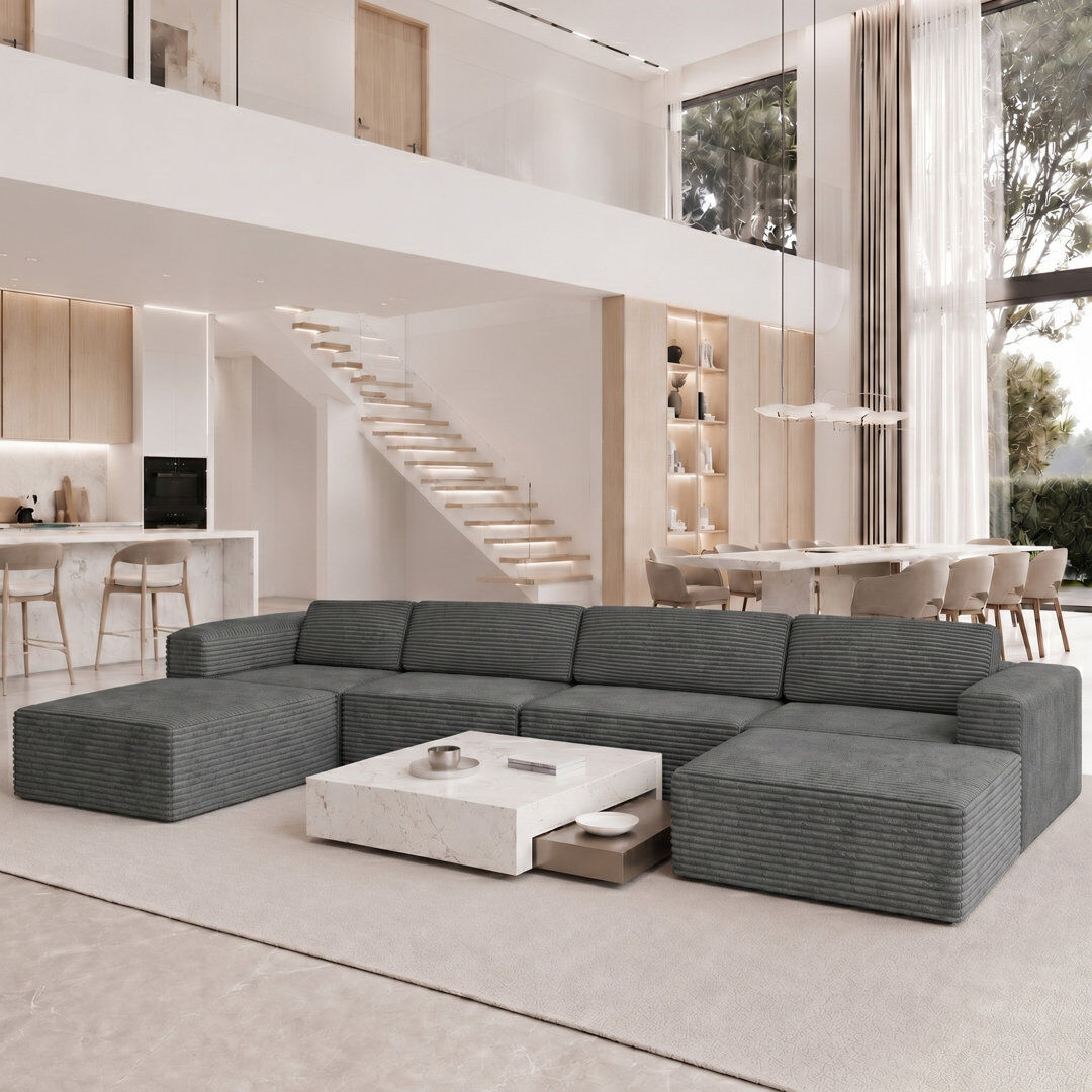 Latitude Run® Modular Corduroy Boneless Sofa With 2 Ottomans, No Assembly Required, With High Rebound Sponge Grey 93" H x 404" W x 205" D