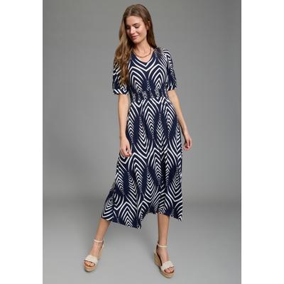 Midikleid LAURA SCOTT, Damen, Gr. 34, N-Gr, blau (marine, gemustert), Jersey, Obermaterial: 95% Viskose, 5% Elasthan, gemustert, figurumspielend Midi, V-Ausschnitt, Puffärmel Bündchen, Kleider Midikleid, mit Ikat-Muster und Smok-Einsatz