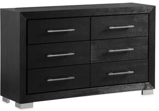 Benjara Ashen Wide Dresser, 6 Drawers, Black Solid Wood, Chrome Metal