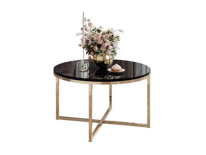 Lookway Couchtisch Ciri-X mit vergoldeter Basis, Goldfarben, Schwarz, Rund, 70x45.6x70 cm, Wohnzimmer, Wohnzimmertische, Couchtische