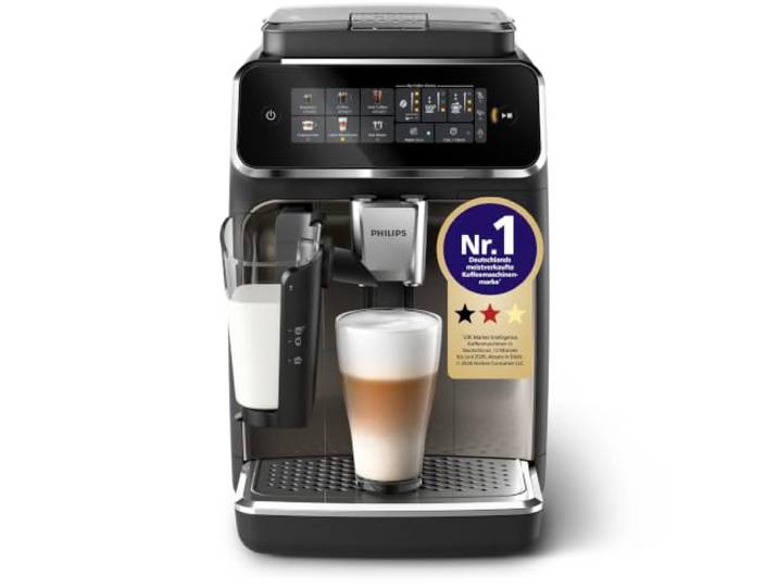 PHILIPS Kaffeevollautomat LatteGo 3300 Serie, Chrom, 6 Spezialitäten Espressomaschine, LatteGo Milchsystem, einfache Reinigung, SilentBrew, Farb-Touch-Display, Keramikmahlwerk (EP3347/90)