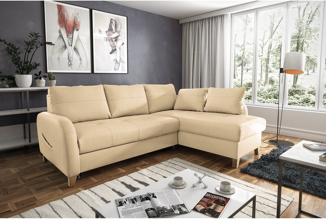 Latitude Run Alvaretta Leather Corner Sofa with Sleeping Function and Underseat Storage Beige 87cm H X 227cm W X 168cm D