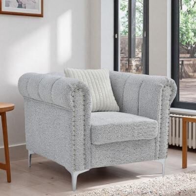 "38"" Chenille Lounge Chair with Rolled Arms and Chrome Nailheads and Throw Pillow"
