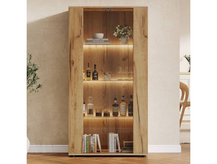 Vitrine d'Exposition - 80x36x150.5cm - Meuble Vitrine avec 2 Portes en Verre LED RGB Connectée & 4 Niveaux - Bois Naturel