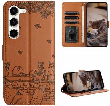 Inspired Deals Cute Cat Embossed Wallet Phone Case For Samsung Galaxy With Card Holder And Lanyard For Samsung Galaxy S23+ brown