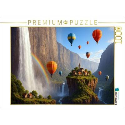 CALVENDO Puzzle Heißluftballons über einer surrealen Landschaft mit Regenbogen | 1000 Teile Lege-Größe 64x48cm Foto-Puzzle für glückliche Stunden