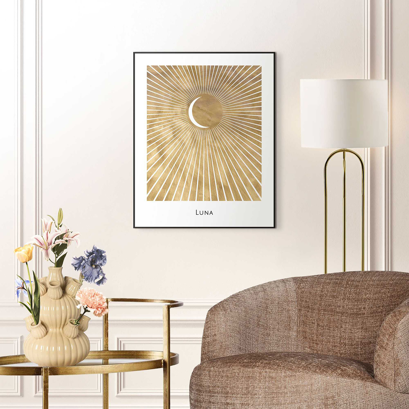 home24 Kunstprint Maan MDF goud/wit, 40 x 50 x 1 cm