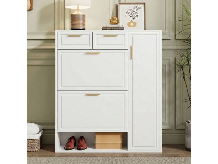 Armoire à chaussures Moderne avec étagères réglables poignées dorées tiroirs+armoire à chaussures pliante portes blanc 95x24x107.5cm