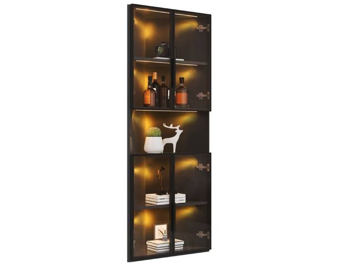Vitrine d'angle 62x32x160cm noire - Meuble triangulaire avec LED portes verre trempé étagère ouverte - Présentoir pour collection