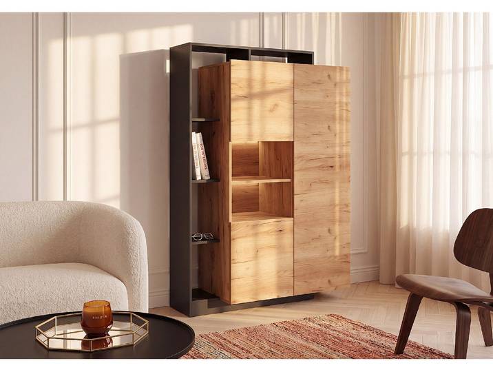 Vitrine mit 2 Türen und 5 Nischen mit LEDs – Helles Naturholz und Anthrazit – IDESIA