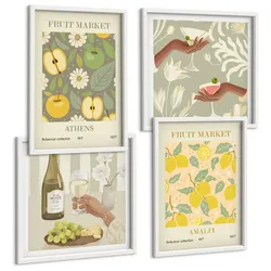 BILDER SET 4er Set - 50x50 cm & 40x60 cm Weißer Rahmen - Fruchtige Muster italienischer Wein