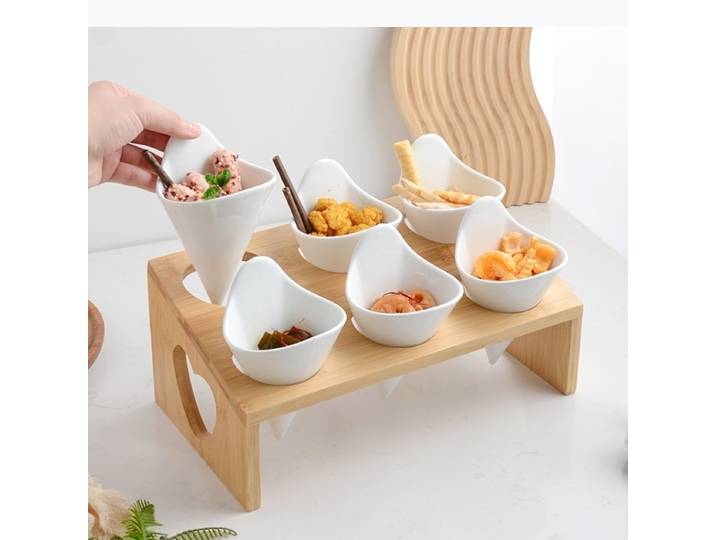 Assiette de dégustation de collation en céramique, 6 grilles, Base en bois, bols à Dessert aux fruits, plat Dim Sum, assiettes à dîner, vaisselle