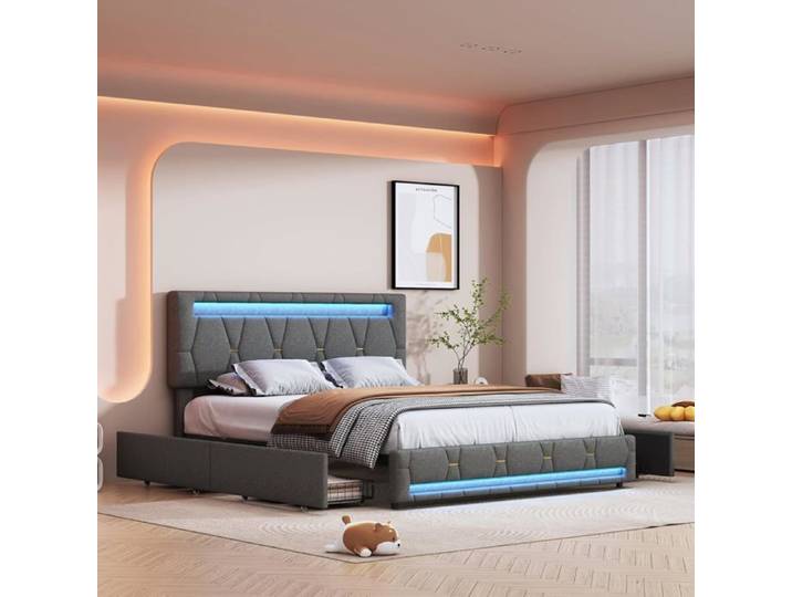 Lit Double capitonné 140x200 coffre 2 personnes tête hauteur réglable et éclairage LED adolescent avec 4 tiroirs Gris