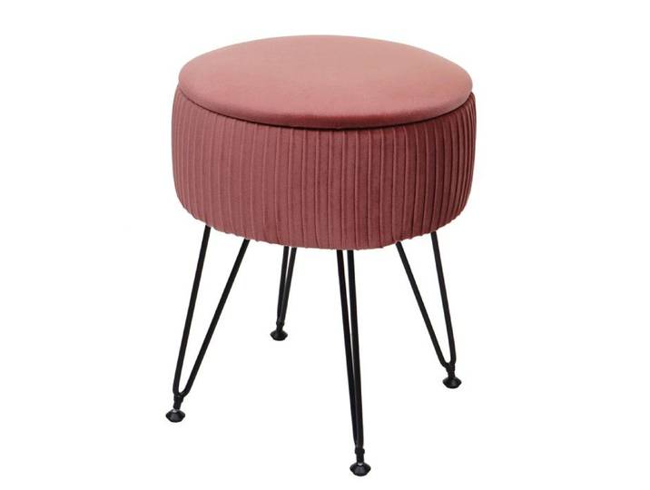 Pouf HWC-K47 - tabouret avec compartiment de rangement - Ø 33cm - aspect velours - rose - piètement noir
