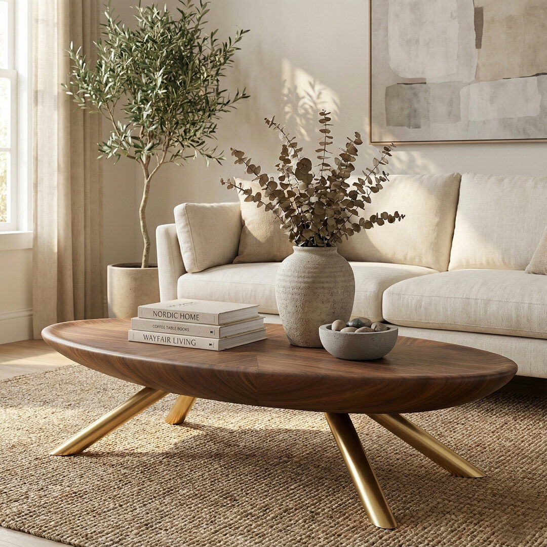 Orren Ellis 51" Oval Coffee Table, Modern Walnut Wood Cocktail Table with Gold Metal Legs Brown 40cm H X 130cm W X 59.9cm D