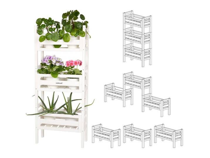 needs&wants Pflanzenständer multifunktional 3-fach, aus Holz wetterfest für Indoor & Outdoor, Weiß, 122x51x23 cm, Wohnzimmer, Wohnzimmertische, Blumenständer