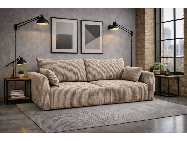 Kaiser Möbel Sofa mit Schlaffunktion und Bettkasten, Cordstoff Poso, Dunkelbeige, Zephira