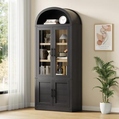 "Garvee 71.6"" Arched Bookcase with Glass and Wood Doors, 6-Tier Modern Farmhouse Storage Cabinet"