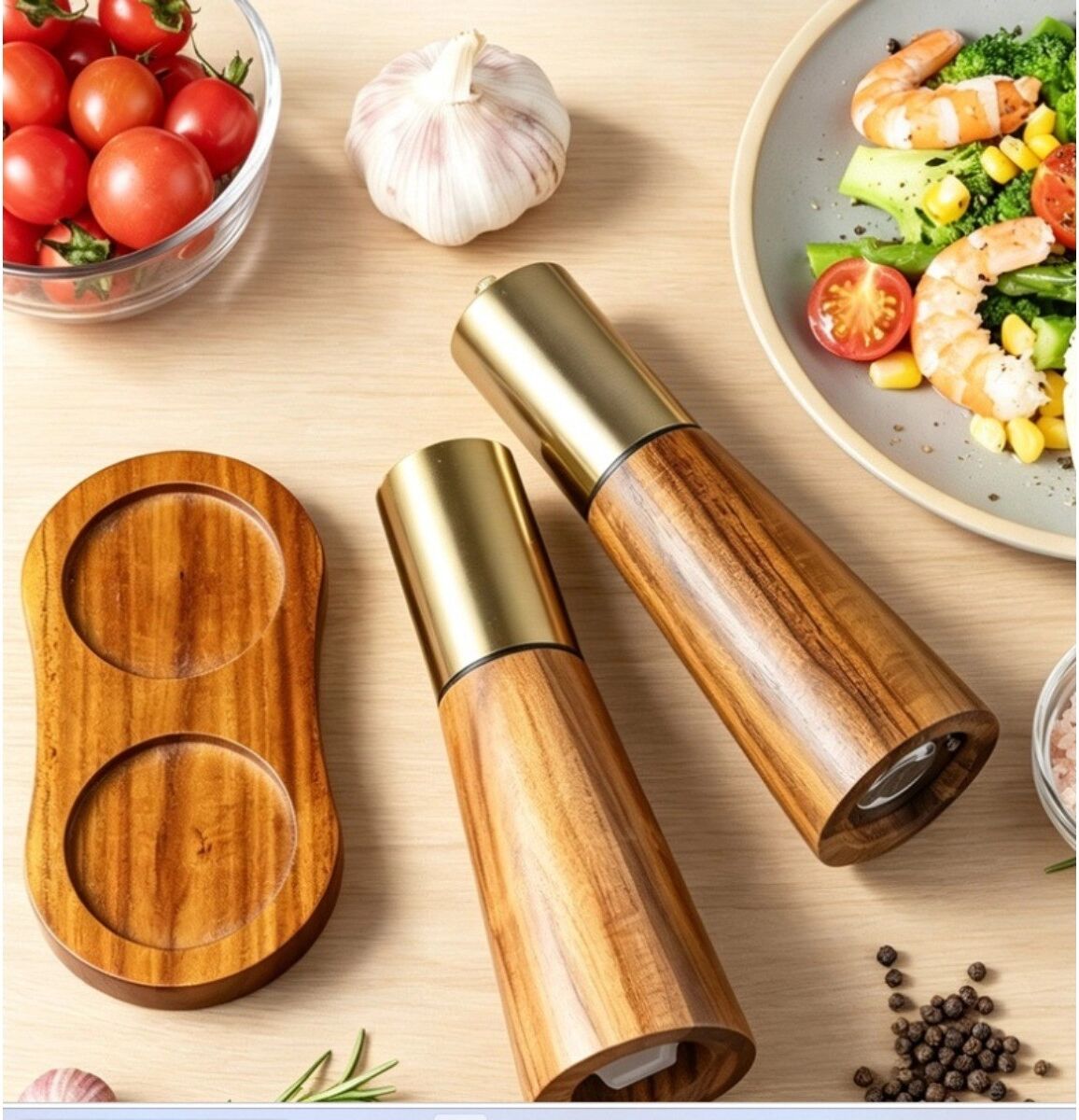INF Set Moulin Sel et Poivre en Bois d'Acacia – Bouteille de Sel Dorée et Moulin à Poivre Manuel