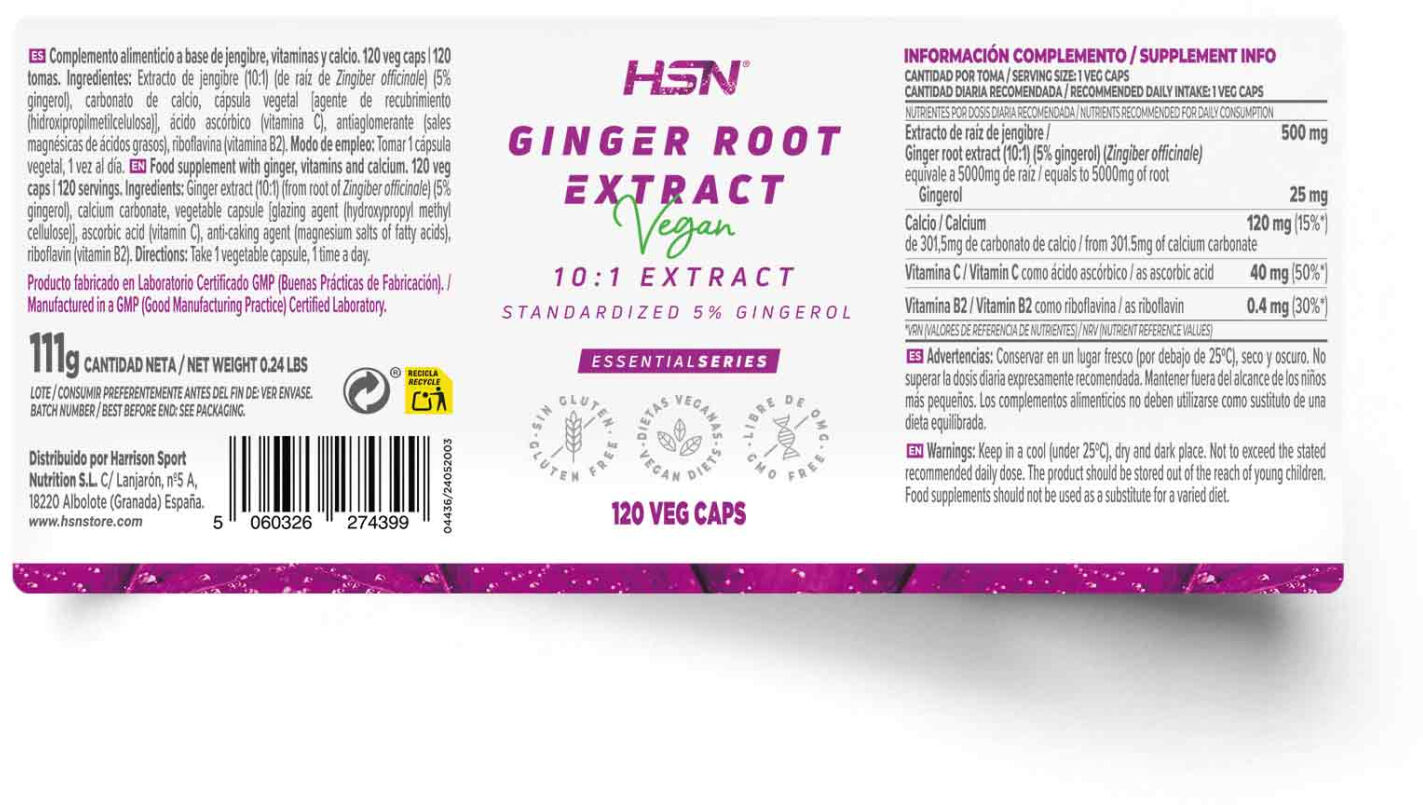 HSN Extrato de gengibre (10:1) 500mg - 120 veg caps - Antioxidantes - Cápsulas Vegetales - 120 Serviços