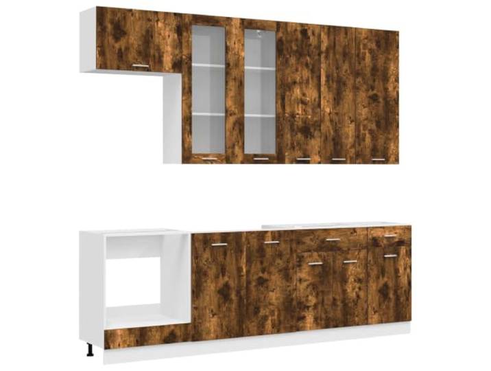 Makastle Küchenschrank-Set 8-teilig, Geräucherte Eiche, Holzwerkstoff, mit Glastür und Schubladen