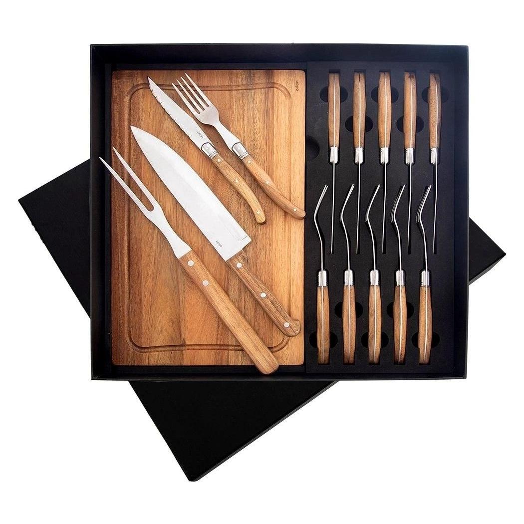 Orion Besteck- und Servierset "Barbecue" für Steaks und Burger, 15-teilig inkl. Holzbrett (47817287)