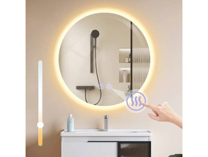 Homefire Miroir de salle de bain avec éclairage rond 50cm miroir de salle bain miroir mural LED avec fonction antibuée 3000K-6500K