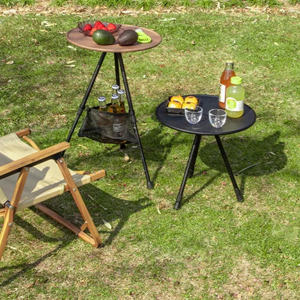 INF Ultraleichter runder Tisch aus Aluminiumlegierung – Ideal für Camping & Picknicks Holzfarbe