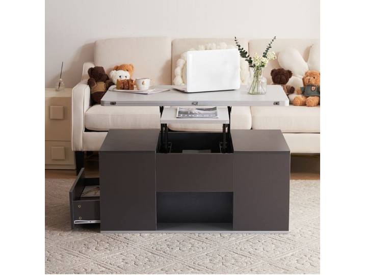 Table Basse Relevable Grise Transformable en DeuxTables 100x51x47cm 3 Tiroirs et Niches Ouvertes Salon