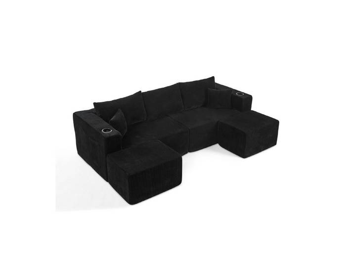 REDOM Ecksofa 3-Sitzer mit Getränkehalter & Seitentasche, Inkl. Kissen, flexibel für Wohnzimmer & Mietwohnungen 1 Teile, schwarz Cord-Ecksofa mit beweglichen Modulen