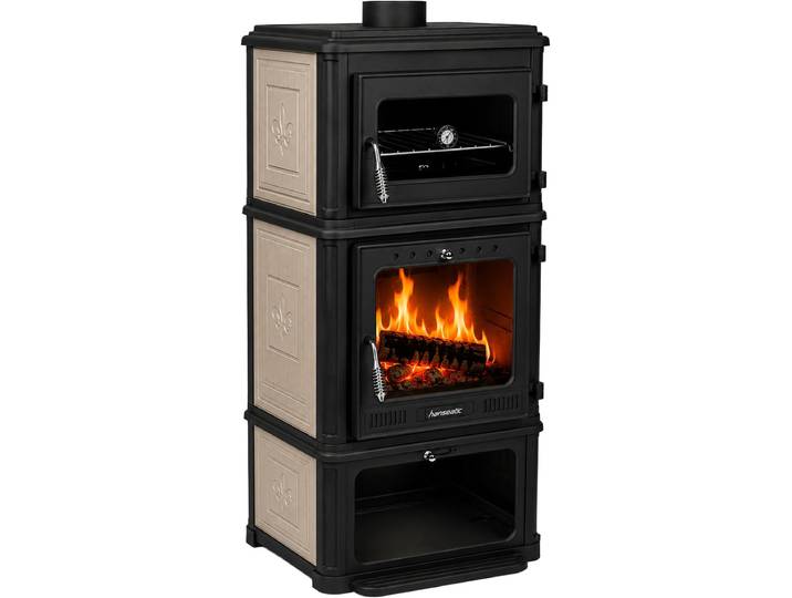 Kaminofen HANSEATIC Minerva, Gussofen mit Backofen und Beige emaillierten Seiten , schwarz, Kaminöfen, Kaminofen, Großer Feuerraum