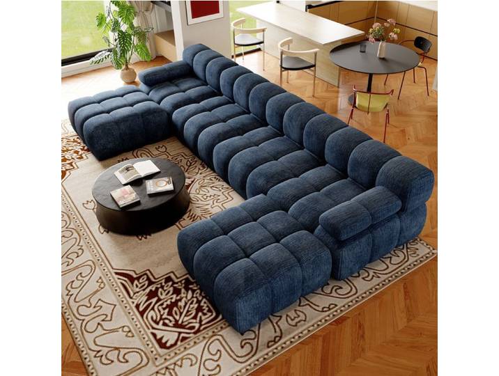 ROVRYN Canapé compressé en U 6 places 400 cm en tissu chenille bleu