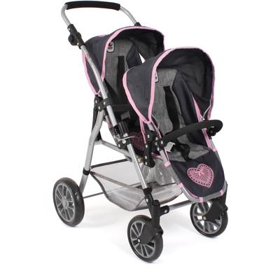 Puppen-Zwillingsbuggy CHIC2000 "Twinny, Grau-Navy", blau (melange grau, navy), Puppenwagen, KinderB:63cm H:77cm T:63cm, Kunststoff, Metall, Stoff, mit schwenkbaren Vorderrädern, B:63cm H:77cm T:63cm
