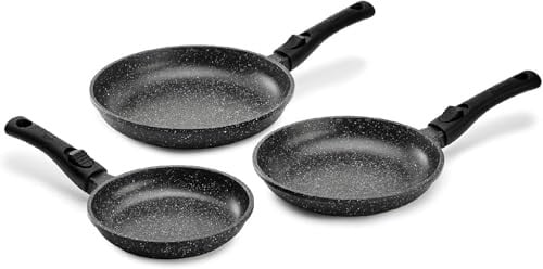 Pradel Excellence Set van 3 premium aluminium koekenpannen met antiaanbaklaag en steenlook, zwart, D: 20 cm, 24 cm, 28 cm