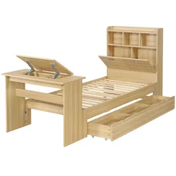 MODFU Jugendbett Holz Natur 264x97x120 cm mit Stauraum, Kopfteilregal und klappbarem Tisch, Liegefläche 90x200 cm