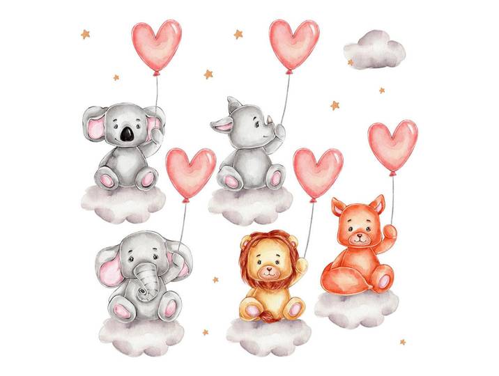 Wallfluent Wandaufkleber 80x120cm - Tiere mit Luftballons, Mehrfarbig, Kunststoff, Rechteckig, 80x120x0.1 cm, Tapeten & Wandverkleidungen, Wandtattoos & Sticker, Wandtattoos