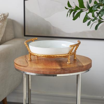 ARCILLA ELEMENTAL White Tempered Glass Kitchen Decorative Serving Bowl with Gold Metal Stand